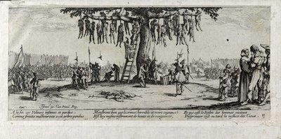 The Torture of the Gallows (Les miseres et les mal-heures de la guerre, pl. 11) by Jacques Callot